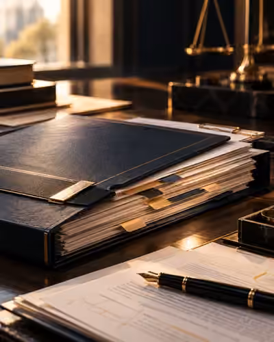 Expediente jurídico organizado con documentos, separadores y una pluma